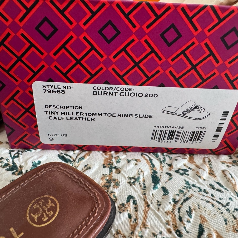 Tory Burch Burnt Cuoio Leather Slides - Picture 2 of 4